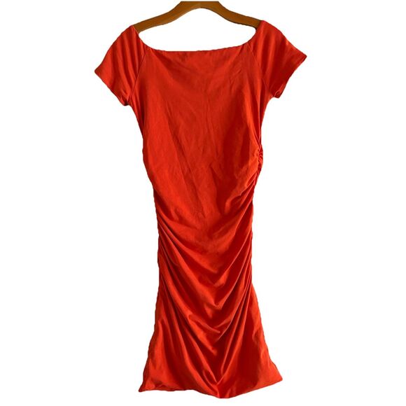 Boden Orange Ruched Cap Sleeve Off Shoulder BodyCon Mini Dress Lined SZ 4‎ Small - Picture 2 of 10